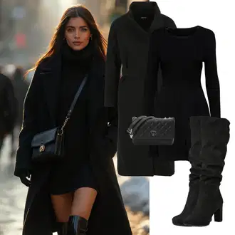 Kombinacije s čizmama sa Crna Čizma do Koljena/Široke čizme/Čizma Iznad Koljena/Duga Čizma/Čizma na visoku petu/Čizma na Špic About You "Elegantan zimski outfit"