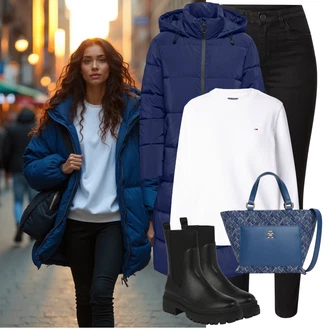 žakár Outfit s Modrá/Tmavě modrá Taška Přes Rameno/Velká taška/Obchodní Taška/Taška/Kancelářská Taška/Brašna/Shopper taška/Taška Na Rameno Tommy Hilfiger "Zimní look"