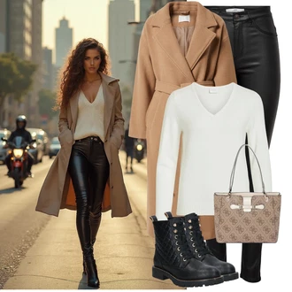Prošívaný Outfit s Černá Šněrovací Kotníková Bota/Kožená bunda/Vycpaná kozačka/Gumová Kotníková Bota/Bojová Bota/Klasická kozačka/Plochá Kotníková Bota/Kozačka se zipem About You "Outfity na zimu"