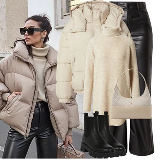 Outfit s Černá/Hnědá/Bílá/Zelená/Oranžová Kalhoty z Umělé Kůže/Zvonová Kalhoty Kožené Zvonové Kalhoty/Kožená Kalhoty/Kalhoty se Štěrbinou/Vinylové kalhoty madmext "Oblečení na zimu"