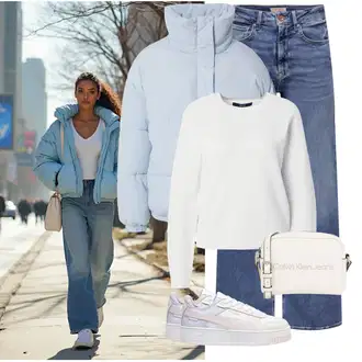 Kombinacije za zabavu Sportski sa Svjetloplava/Plava LENI KLUM x ABOUT YOU "Cool zimski outfit"Look: Prevelik, Za Kuću, Chill, Sportski