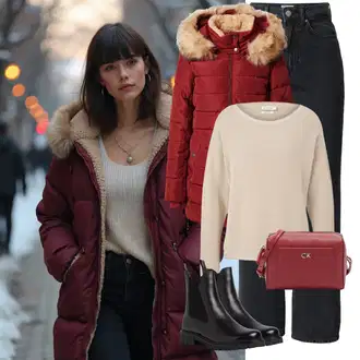 Mom Outfit s Červená/Tmavě červená/Vínová/Hnědá Zimní Kabát/Kabát s Kožešinovým límcem/Prošívaný kabát/Parka/Péřový Kabát Only "Perfektní na zimu"Look: 70tá léta, Pro Dům, Layered, Mom, Venkovní, Nadrozměrné, Sportovní