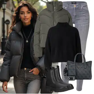 S zakovicama Outfit sa Crna Chelsea Gležnjača/Kožna Jakna Tamaris "Zimski look"Look: Trekking, Jahanje, Skating, S zakovicama