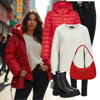 Outfit sa Crvena Prošivena Jakna/Pernata Jakna/Održiva Jakna/Ljetna pod-Jakna/Donja Jakna/Zimska Jakna/Jakna za Pakiranje/Puferica Jakna/Jakna s Kapuljačom Only "Zimski Outfit"