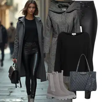 Outfit s Šedá/Tmavě šedá Tweedový Kabát/Vlněný Fleecový Kabát/Midi Kabát/Kabát s Kapucí/Lodenový kabát/Kašmírový Kabát/Zimní Kabát Vlněný kabát/Kabát Bouclé/Pletený Fleecový Kabát Only "Outfity na zimu"