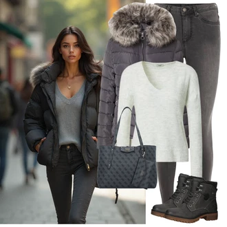 Outfit s Šedá/Tmavě šedá/Černá/Tmavě zelená Šněrovací Kotníková Bota/Zimní bota/Klasická kozačka/Nepromokavá kozačka/Kotníková Bota s Podšívkou/Bojová Bota/Zimní Kozačka/Vycpaná kozačka/Zimní kotníková bota Tom Tailor "Zimní look"