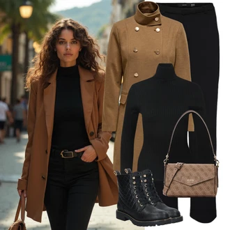 Prošívaný Outfit s Černá Šněrovací Kotníková Bota/Kožená bunda/Vycpaná kozačka/Gumová Kotníková Bota/Bojová Bota/Klasická kozačka/Plochá Kotníková Bota/Kozačka se zipem About You "Elegantní zimní outfit"