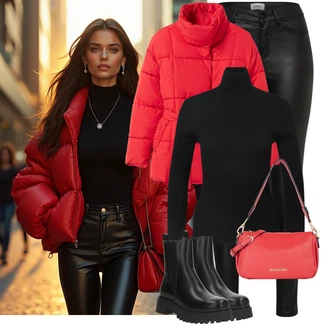 Outfit sa Crvena Prošivena Jakna/Puferica Jakna/Zimska Jakna/Ljetna pod-Jakna/Donja Jakna/Jesenska Jakna bershka "Trendi zimski outfit"