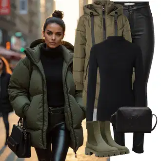 Outfit s Tmavě zelená Chelsea Boty/Gumová Kotníková Bota/Kožená bunda Only "Zimní look"