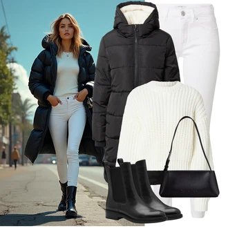 Outfit s Bílá/Krémová Kožené Boty/Slim Fit Džíny/High Waist Džínové Kalhoty/Kotníková Bota/Dámské Džíny s Délkou 7/8/Capri Džíny/Džíny s Rozparkem/Zužující se Džíny/Push up Džín/Zkrácené Džíny/Kožená bunda Opus "Zimní look"