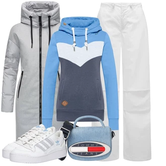 Outfit s Bílá/Krémová Tesařská kalhoty/Mušelínové kalhoty/Kalhoty se Štěrbinou/Padáková Kalhoty/Dešťové kalhoty/Vinylové kalhoty/Zip off Kalhoty Ragwear "Zimní look"