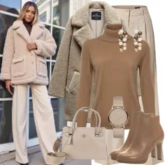 Outfit s Béžová/Hnědá Teddy Kabát/Kožich Kabát/kabát z Lamy Rut & Circle "BaüroOutfit"