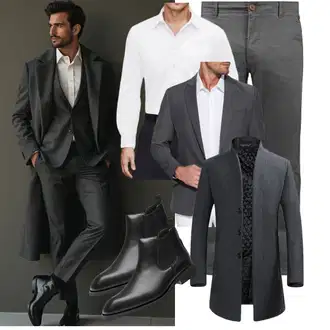 Slim fit Outfit mit Dunkelgrau/Grau/Dunkelblau Strickmantel/Schmal Geschnittener Mantel/Wollfleece Mantel/Gehröck/Blazermantel/Kaschmir Mantel/Wintermantel Wollmantel YOUTHUP "Business Outfit"