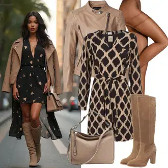 Outfity pro zábavu Elegantní s Hnědá/Béžová/Šedá Kozačka po Kolena/Klasická kozačka/Kozačka Na Podpatku/Špičatá Kozačka/Bota se širokým nohavici/Dlouhá Kozačka About You "Cool zimní outfit"Look: Elegantní, Cool, Kovbojka, Old Money, Western