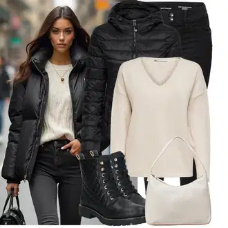 vypchaný Outfit sa Crna Kožna Jakna/Ženske Traperice 7/8 Dužine/Bikerske Traperice/High Waist Traperice/Traperice s Prorezom/Push-up Traperice/Traperice Slim Kroja/Kožne Cipele/Termo Traperice/Zimska jakna Tom Tailor "Zimski look"