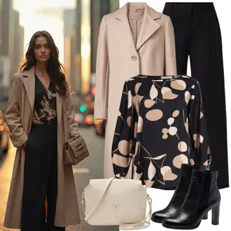 Eleganten outfit mit Bež/Rjava Trenčkot/Volneni Plašč/Prehodni Plašč/Volnen zimski plašč/Ozki Plašč/Kaban Plašč/Women's Trenchcoats/Lahki Plašč/Krajši Plašč/Blazer Plašč/Duffle Plašč/Poletni Plašč morgan "Eleganten zimski outfit"Look: Zunaj, Italijanska, Modernen, Modna, Pametno priložnostno, Plemenita, Premij, Eleganten, Delovna oblačila, Safari