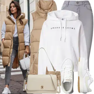 klasický Outfit sa Bijela/Siva/Svjetlosiva Kožna Jakna/Bikerske Traperice/Ženske Traperice 7/8 Dužine/Push-up Traperice/Muška Kožna Jakna/Termo Traperice/Traperice s Prorezom/Čizma do Gležnja/Kožne Cipele/Zimska jakna/High Waist Traperice/Traperice Slim Kroja jjxx "Elegantna jesenska odjeća"Look: Rap, Boja, klasický, Vanjski, Običan, cool
