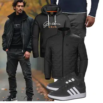 Metal Konzert Outfit mit Dunkelgrau/Khaki/Grau/Hellgrau/Dunkelgrün Indicode "Freizeit Outfit"Look: Smart Casual, Workwear, Casual, Coole, Unisex, Techno, Moderne, Metal, Konzert, Schule, Electro, Pop Konzert