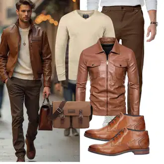 Stil Motorrad Outfit mit Braun/Dunkelbraun Bikerjacke/Herbstjacke/Leder Bomberjacke/Jacke mit Seitlichem Reißverschluss/Lederjacke/KunstLederjacke/Vintage Lederjacke Generisch "Freizeit Outfit"Look: Classic, Ausgefallene, Vintage, Outdoor, Rad, Stil, Dad, Western, Coole, Rockabilly, Schön, Moderne, Büro, Retro, 80er, Arbeits, Freizeit, Reiten, Motorrad
