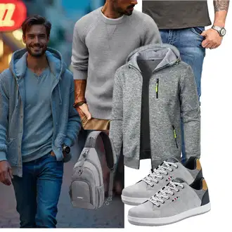 Outfit mit Grau/Dunkelgrau/Hellgrau/Grün 2-in-1 Pullover/KapuzenPullover/Sport Sweatshirt/Ausgefallener Hoodie/Strick Hoodie/Sweatjacke/Pullover mit Reißverschluss/Sport Hoodie Aoouekul "Freizeit Outfit"