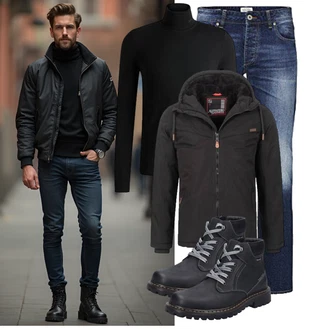 Hütten Outfit mit Schwarz/Dunkelgrau/Grau Skitourenjacke/Wasserdichte Jacke/Outdoorjacke/Wanderjacke/Funktionsjacke/Trekkingjacke Alessandro Salvarini "Freizeit Outfit"Look: Wasen, Pop Konzert, Schule, Festival, Bayram, Electro, Hütten