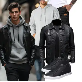 Motorrad Outfit mit Schwarz/Grau/Creme Bikerjacke/Leder Bomberjacke/KunstLederjacke/Lederjacke/Vintage Lederjacke ZFBAOJT "Freizeit Outfit"Look: Motorrad, Arbeits, Freizeit, Reiten