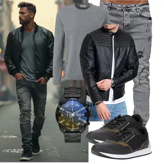 Outfit mit Schwarz Jacke mit Seitlichem Reißverschluss/Bikerjacke/Lederjacke/KunstLederjacke/Leder Bomberjacke Jack & Jones "Freizeit Outfit"