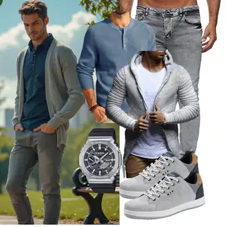 Outfit mit Grau/Weiß/Hellblau/Creme/Schwarz/Silber Thermo Pullover/WinterPullover/LongPullover/2-in-1 Pullover/KapuzenPullover/Pullover mit Reißverschluss/Strick Hoodie Leif Nelson "Freizeit Outfit"