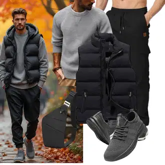 Outfit mit Schwarz/Dunkelgrau Funktionsweste/Ärmellose Weste/Outdoorweste/Reiseweste/Kurze Weste/Daunenweste/Puffer Weste AnyuA "Freizeit Outfit"