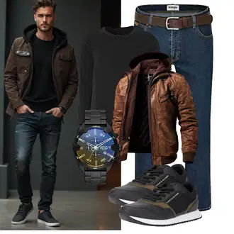 Motorrad Outfit mit Dunkelbraun/Braun Kapuzenjacke/Außergewöhnliche Jacke/Herbstjacke/Jacke mit Seitlichem Reißverschluss/Winterjacke/Kunstlederjacke/Bikerjacke/Leder Bomberjacke/Motorradjacke/Vintage Lederjacke FLAVOR "Freizeit Outfit"Look: Motorrad, Reiten