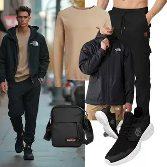 Outfit mit Schwarz/Khaki/Dunkelblau TrainingsHose/SportHose/Jogger Hose/Cargo-JoggingHose/Kurze Hose/Capri/Cargo Short JustSun "Freizeit Outfit"
