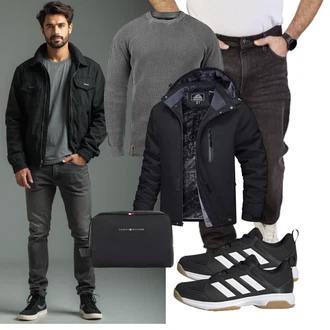 Outfit mit Schwarz/Dunkelblau/Dunkelgrau Wanderjacke/Reitjacke/Thermojacke/Segeljacke/Wasserdichte Jacke/Skijacke/Jacke mit Seitlichem Reißverschluss/Kapuzenjacke/Outdoorjacke/Winterjacke/Trekkingjacke/Funktionsjacke MAGCOMSEN "Freizeit Outfit"