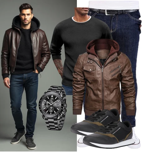Dunkelbraun/Braun/Khaki BikerJacke/HerbstJacke/Leder BomberJacke/Vintage LederJacke/Jacke mit Seitlichem Reißverschluss/MotorradJacke/KapuzenJacke/KunstlederJacke/LederJacke HOOD CREW kombinieren
