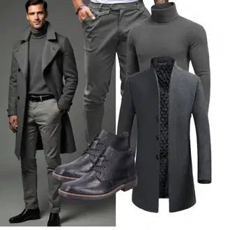 Slim fit Outfit mit Dunkelgrau/Grau/Dunkelblau Strickmantel/Schmal Geschnittener Mantel/Wollfleece Mantel/Gehröck/Blazermantel/Kaschmir Mantel/Wintermantel Wollmantel YOUTHUP "Freizeit Outfit"