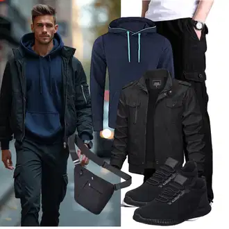 Mit Bauch Outfit mit Schwarz/Dunkelblau/Khaki OlmecsHKEU "Freizeit Outfit"