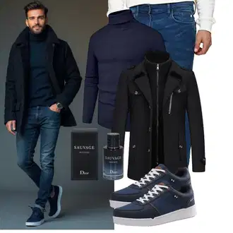 Slim fit Outfit mit Schwarz Duffle Mantel/Scuba-Mantel/Kaschmir Mantel/Mantel mit Reißverschluss/Wollfleece Mantel/Wintermantel Wollmantel KUDORO "Freizeit Outfit"