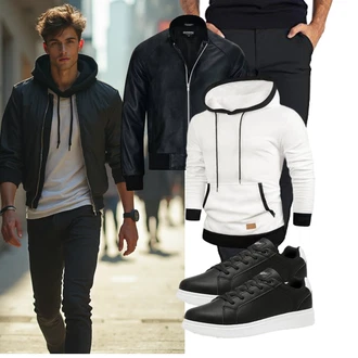 Outfit mit Weiß/Creme/Schwarz KapuzenPullover/Strick Hoodie/Hoodie/Unisex Hoodie/Sport Sweatshirt/Ausgefallener Hoodie/KapuzenPullover/Sport Hoodie JMIERR "Freizeit Outfit"