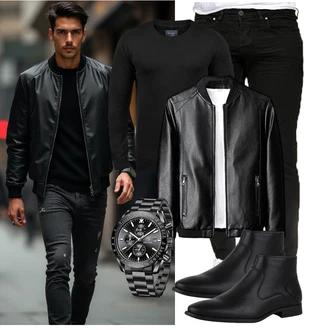 Stil Motorrad Outfit mit Schwarz KunstLederjacke/Leder Bomberjacke/Lederjacke keusyoi "Freizeit Outfit"Look: Classic, Moderne, Outdoor, Rad, Stil, Unisex, Büro, Schön, Coole, Baseball, Fitness, Motorrad, Arbeits, Freizeit, Reiten