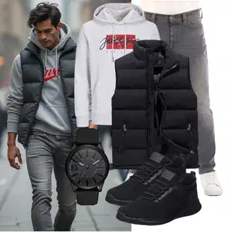 Outfit mit Schwarz/Dunkelgrau Funktionsweste/Ärmellose Weste/Outdoorweste/Reiseweste/Kurze Weste/Daunenweste/Puffer Weste AnyuA "Freizeit Outfit"