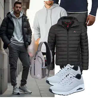 Hütten Outfit mit Schwarz/Grau/Dunkelgrau Kapuzenjacke/Hybridjacke/Puffer Jacke/Isolationsjacke/Verstaubare Jacke/Thermojacke Höhenhorn "Freizeit Outfit"Look: Wasen, Bayram, Valentinstag, Hütten, Konzert, Fasching, Schule, Weihnachten, Pop Konzert
