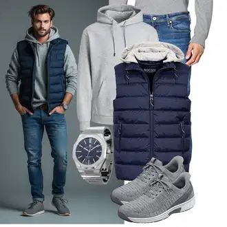Outfit mit Dunkelblau/Blau/Hellblau/Pastell Kurze Weste/Ärmellose Weste/Outdoorweste/Wendeweste/Steppweste/Daunenweste/Puffer Weste Indicode "Freizeit Outfit"