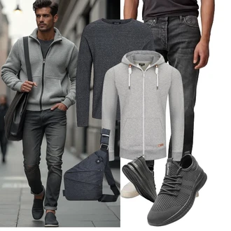 Outfit mit Grau/Hellgrau KapuzenPullover/Ausgefallener Hoodie/Strick Hoodie/Sweatjacke/Pullover mit Reißverschluss/Sport Hoodie Riverso "Freizeit Outfit"