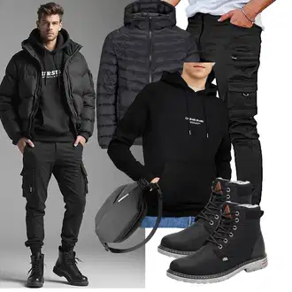 Tapered Outfit mit Schwarz/Khaki Sporthose/Jogger Hose/Löcherne Hose/Cargo-Jogginghose/Cargohose/Capri/Cargo Short GINGTTO, Puffer Jacke Jack & Jones "Freizeit Outfit"