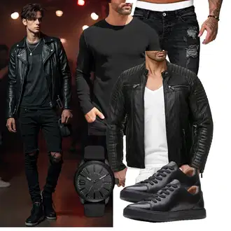 Outfit mit Schwarz Jacke mit Seitlichem Reißverschluss/KunstLederjacke/Motorradjacke/Bikerjacke/Lederjacke Redbridge "Freizeit Outfit"