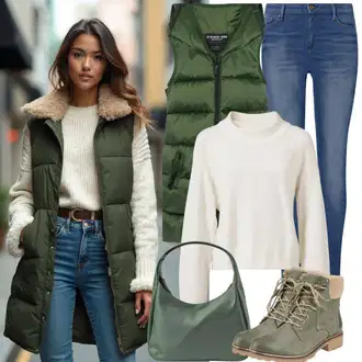 outfit mit Temno zelena/Črna/Zelena Puhasti Brezrokavnik/Dolg Brezrokavnik medicine "Jesenska prosti čas obleka"