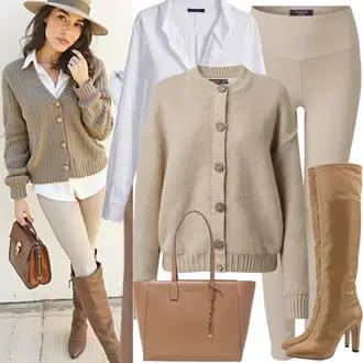 Style Outfits Western mit Bež/Khaki/Rjava/Bela Kratka jopica/Vintage kardigan/Poletni kardigan/Kardigan s stoječim ovratnikom/V-kardigan lc waikiki "Jesenski videz"Look: Western, Univerzitetni, Francoski, Egirl