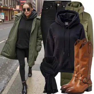 Jesenske Outfiti Debel mit Črna Šal/Loop šal Guess "Jesenski videz"