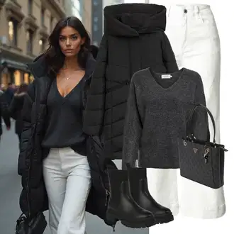 Outfit s Krémová/Bílá/Khaki Zvonová Kalhoty/Kalhoty s Vysokým Pasem/Kalhoty se Štěrbinou/Kalhoty Bootcut/Rozšířená Kalhoty/Twillová Kalhoty/3/4 Kalhoty/Culotte Kalhoty/Marlene Kalhoty/Široká Kalhoty about you x iconic by tatiana kucharova "Zimní look"