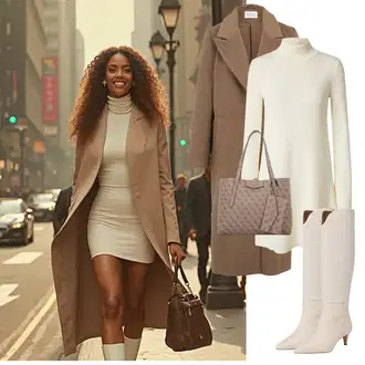 Outfity na podzim s Béžová/Bílá/Khaki Dlouhá Kozačka/Kozačka po Kolena/Kozačka nad Kolena/Vintage kozačka/Špičatá Kozačka About You "Elegantní zimní outfit"