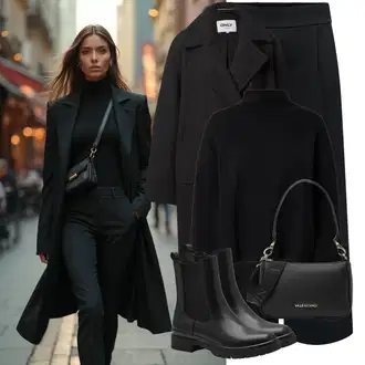 Nadrozměrné Dlouhé Outfit s Černá Přechodový Kabát/Oversize Kabát/Vlněný Kabát/Dlouhý Kabát/Vintage Kabát/Zimní Kabát Vlněný kabát/Midi Kabát/Dlouhý kabát/Kašmírový Kabát/Kabát z Kabanosu/Trenčkot Only "Perfektní na zimu"Look: Klasické, Cool, Francouzské, Moderní, Nadrozměrné, Univerzitní, Pracovní oděvy, Old Money